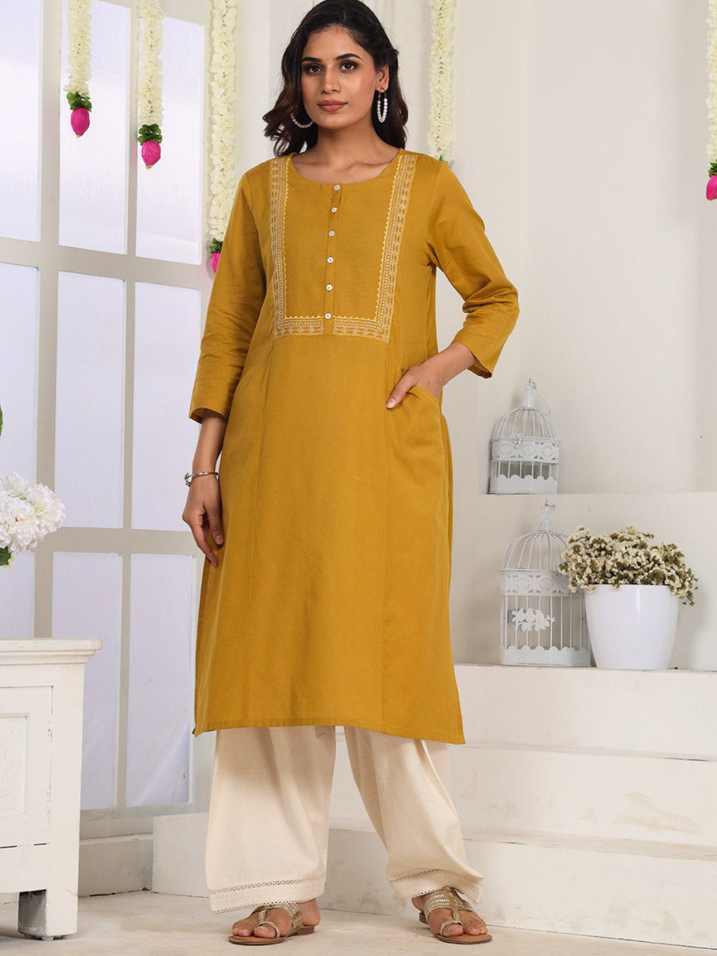 Caramel Mustard Embroidered Straight Fit Kurta