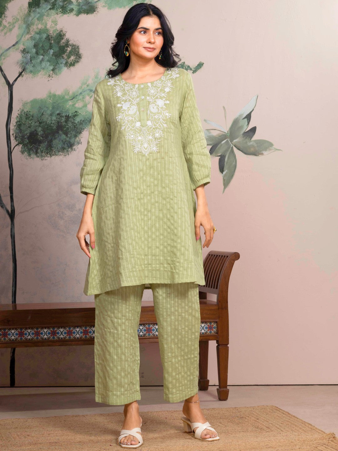 Mint Meadow Cotton Leno Stripe Embroidered Kurta Set with Palazzo