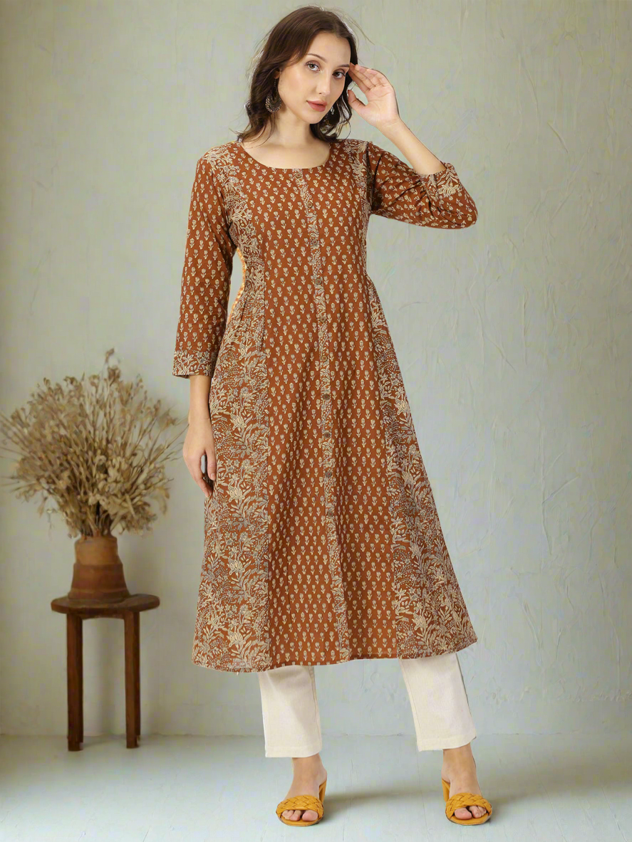 Brown Floral Print Panelled Kurta