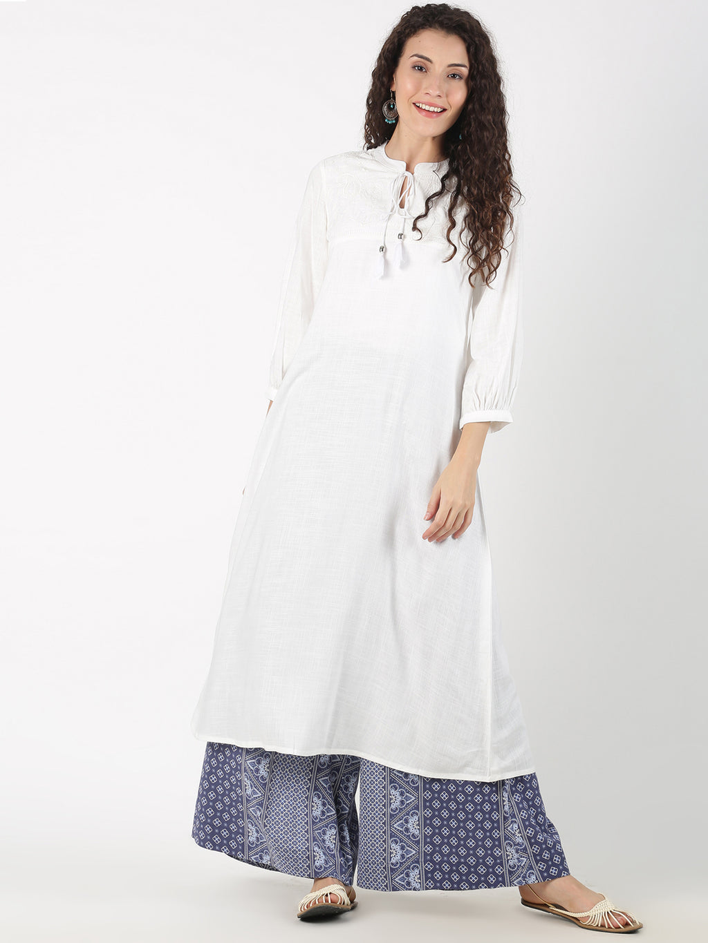 White Solid A-Line Kurta with Neck Tassels