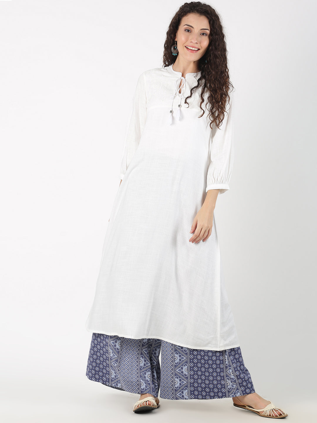 White Solid A-Line Kurta with Neck Tassels