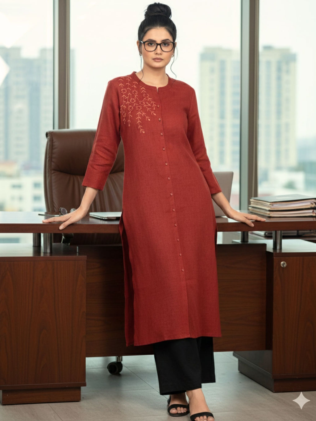 Auburn Red Vine-Trail Button-Down Kurta