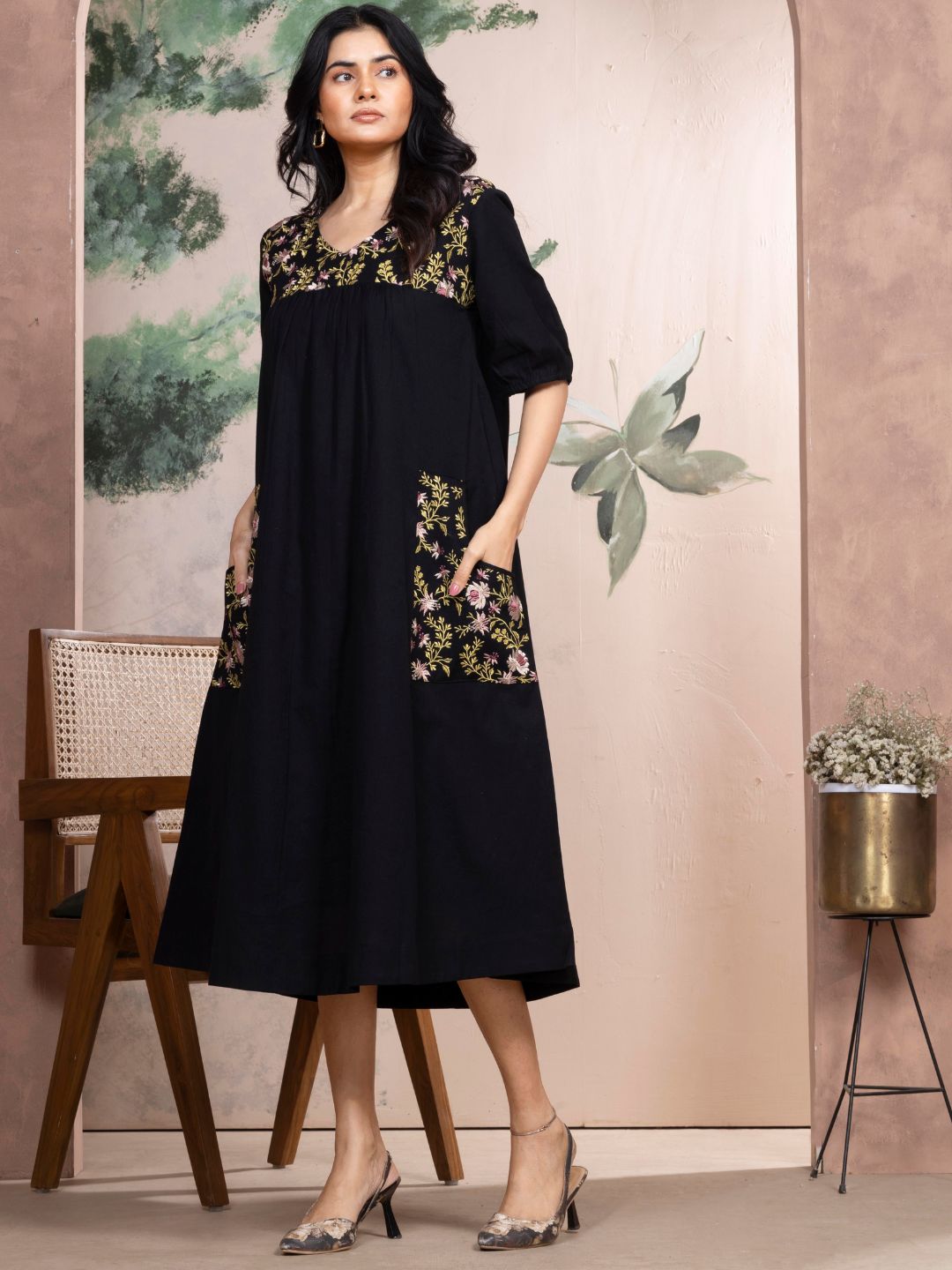 Midnight Black Cotton Linen Dress A-Line with Parsi Gara Inspired Embroidery