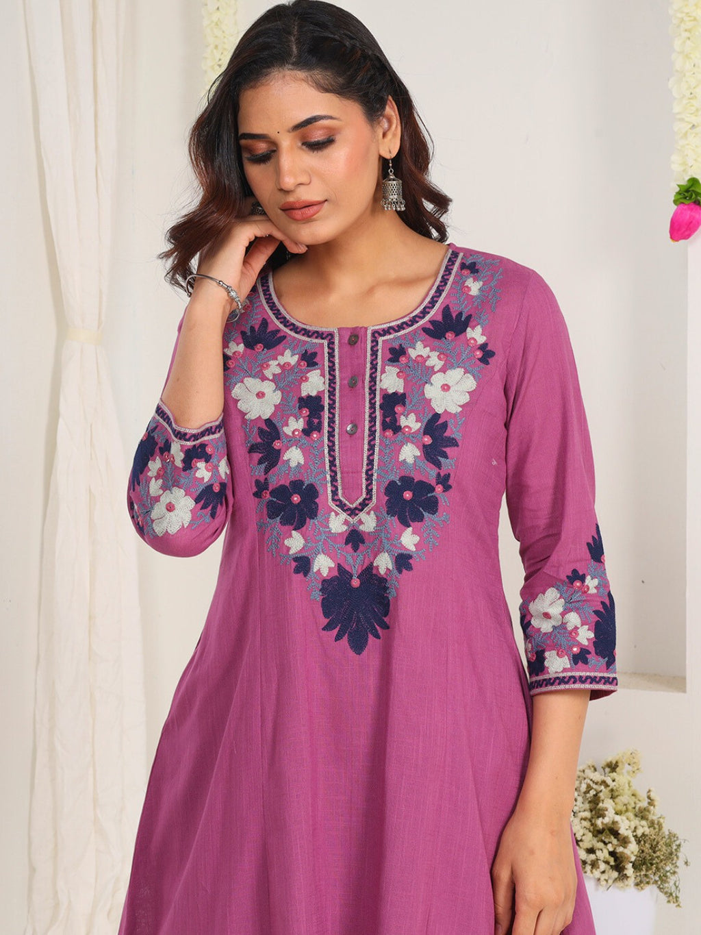 Mulberry Rose Kashida Embroidered A-Line Cotton Kurta Set with Salwar