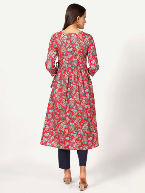 Red Paisley Print Angrakha Kurta with Mirror Embroidery and Gathers