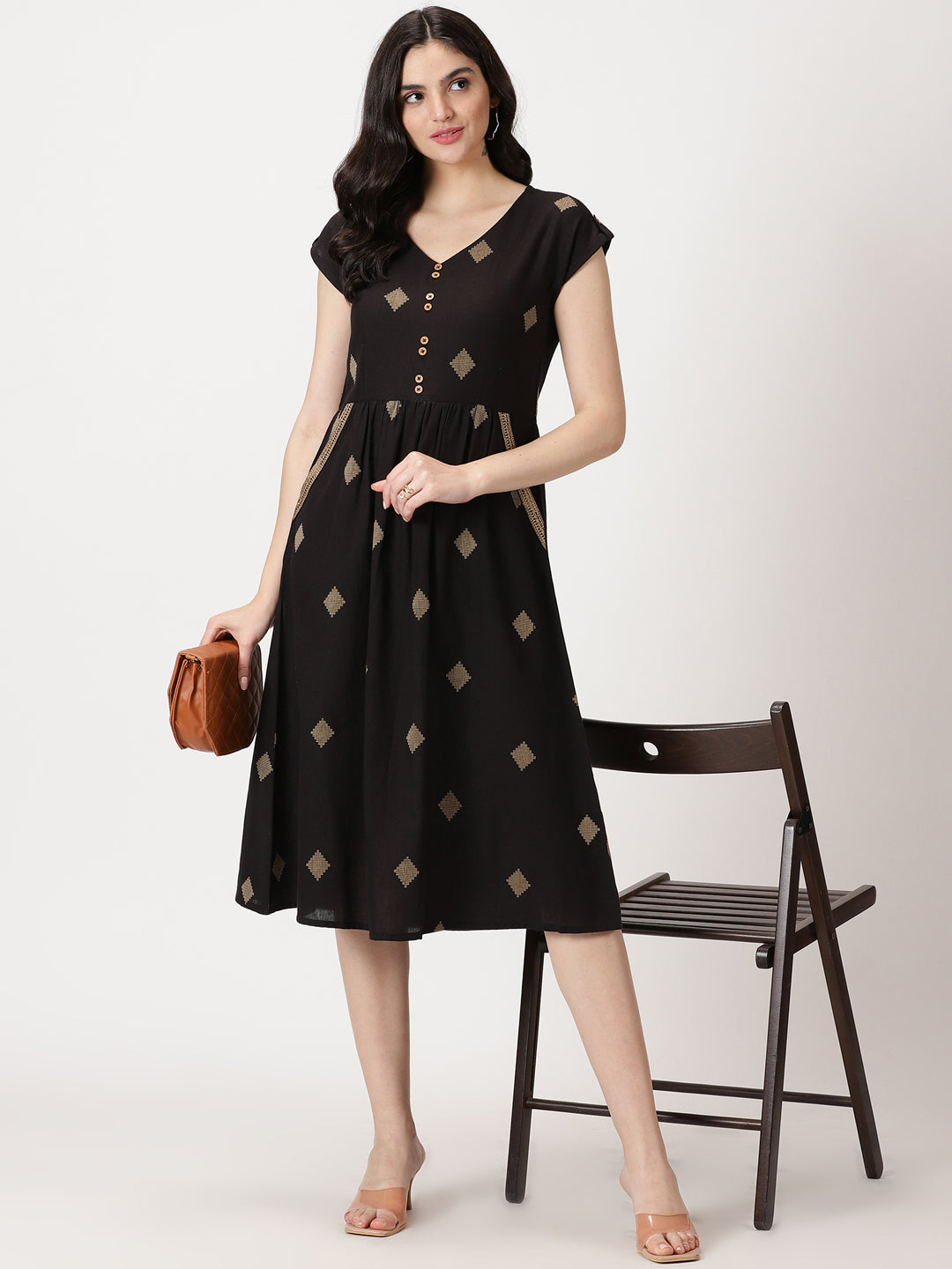 Black Geometric Woven Design Midi Dress with Embroidered Pockets