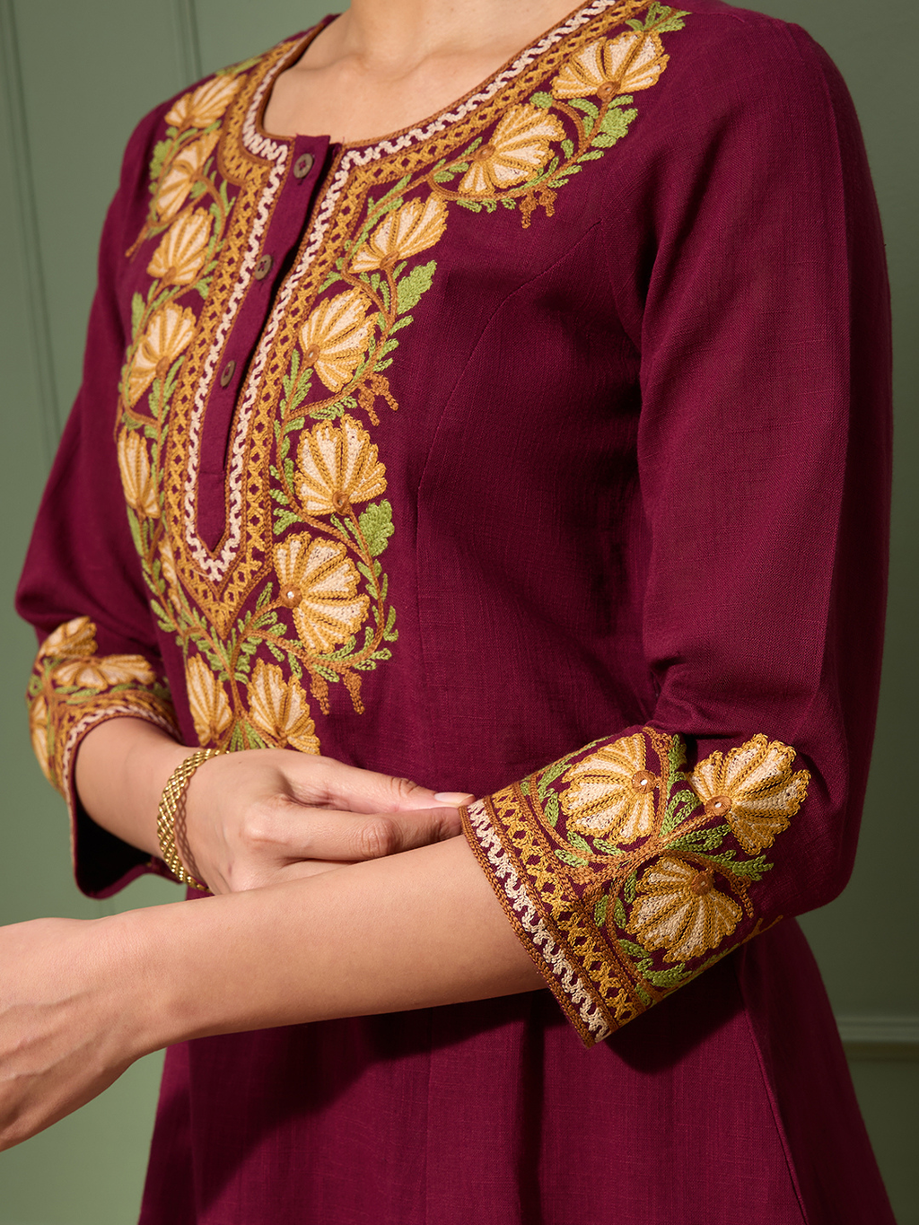 Merlot Wine Kashida Embroidered A-Line Cotton Kurta Set with Afghani Salwar