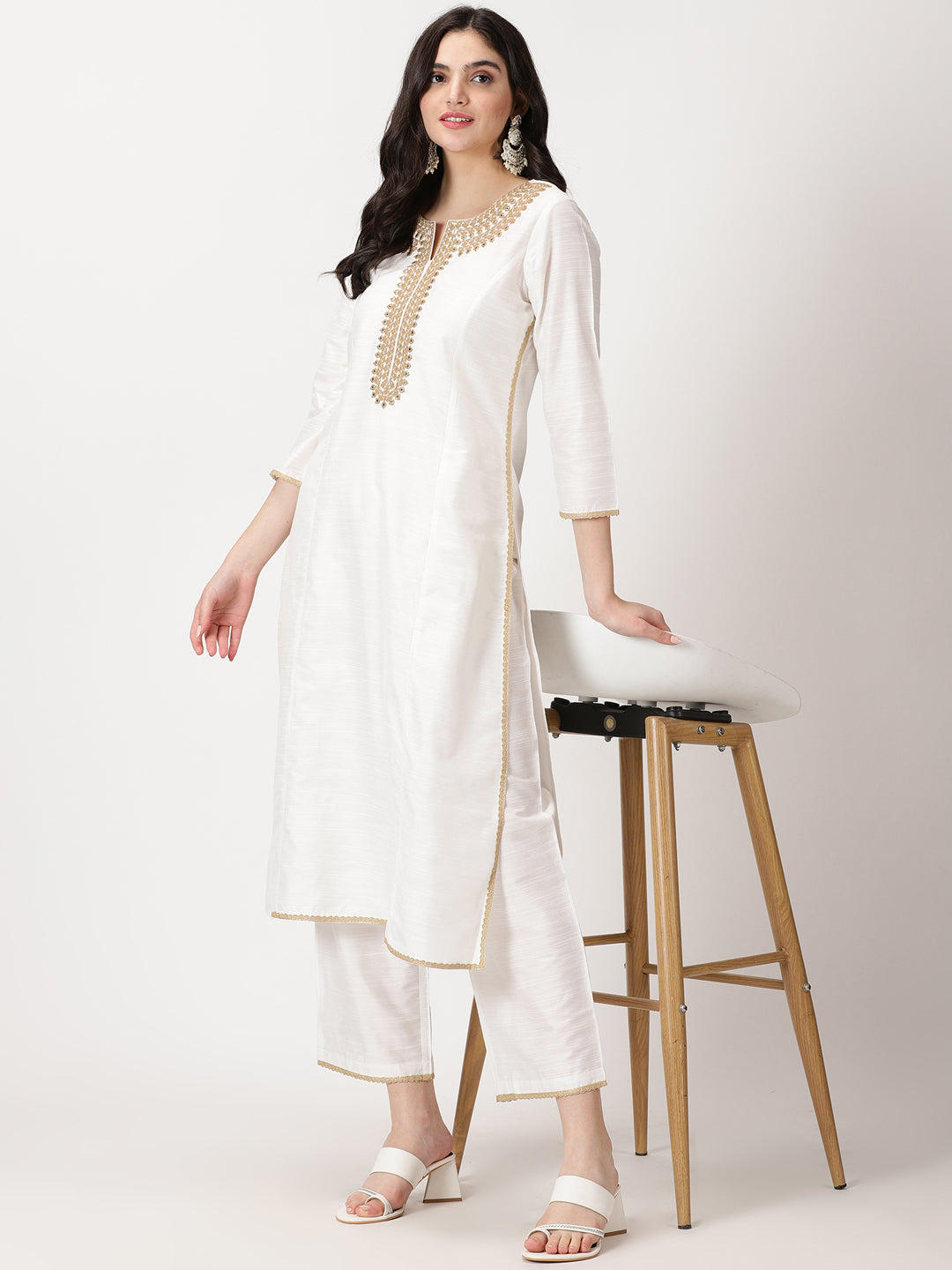 White Art Silk Kurta Set with Embroidery & Lace Details