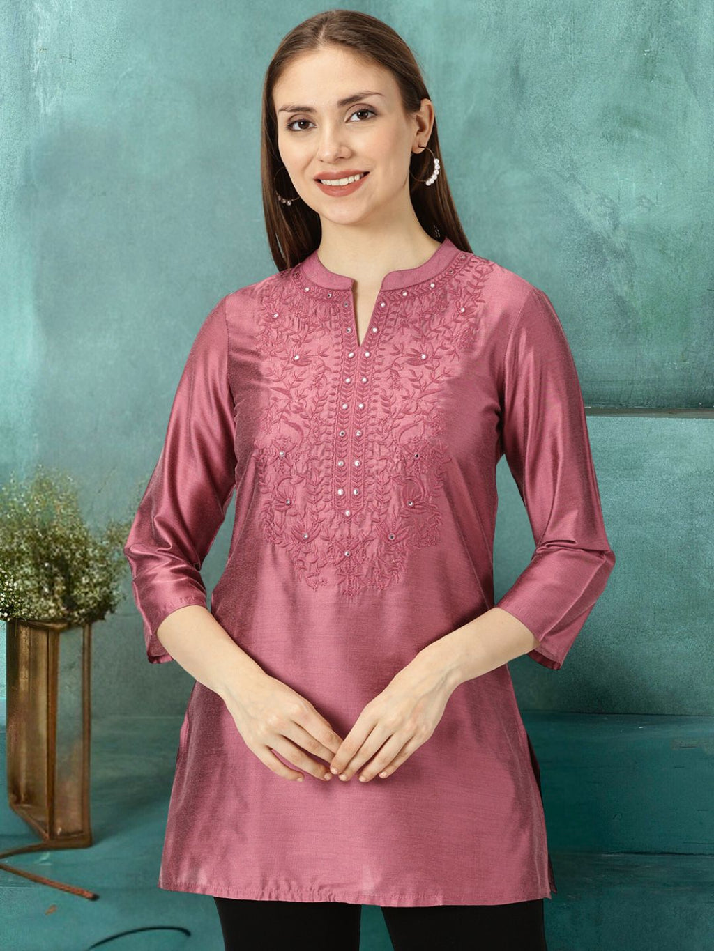 Pink Art Silk Embroidered  Neck Tunic with Mirror Accents