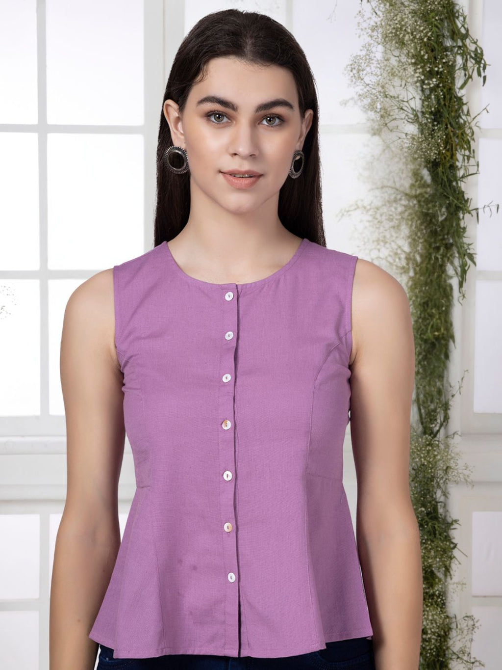 Mauve Cotton Flax Panelled A-Line Top with Button-Down Placket