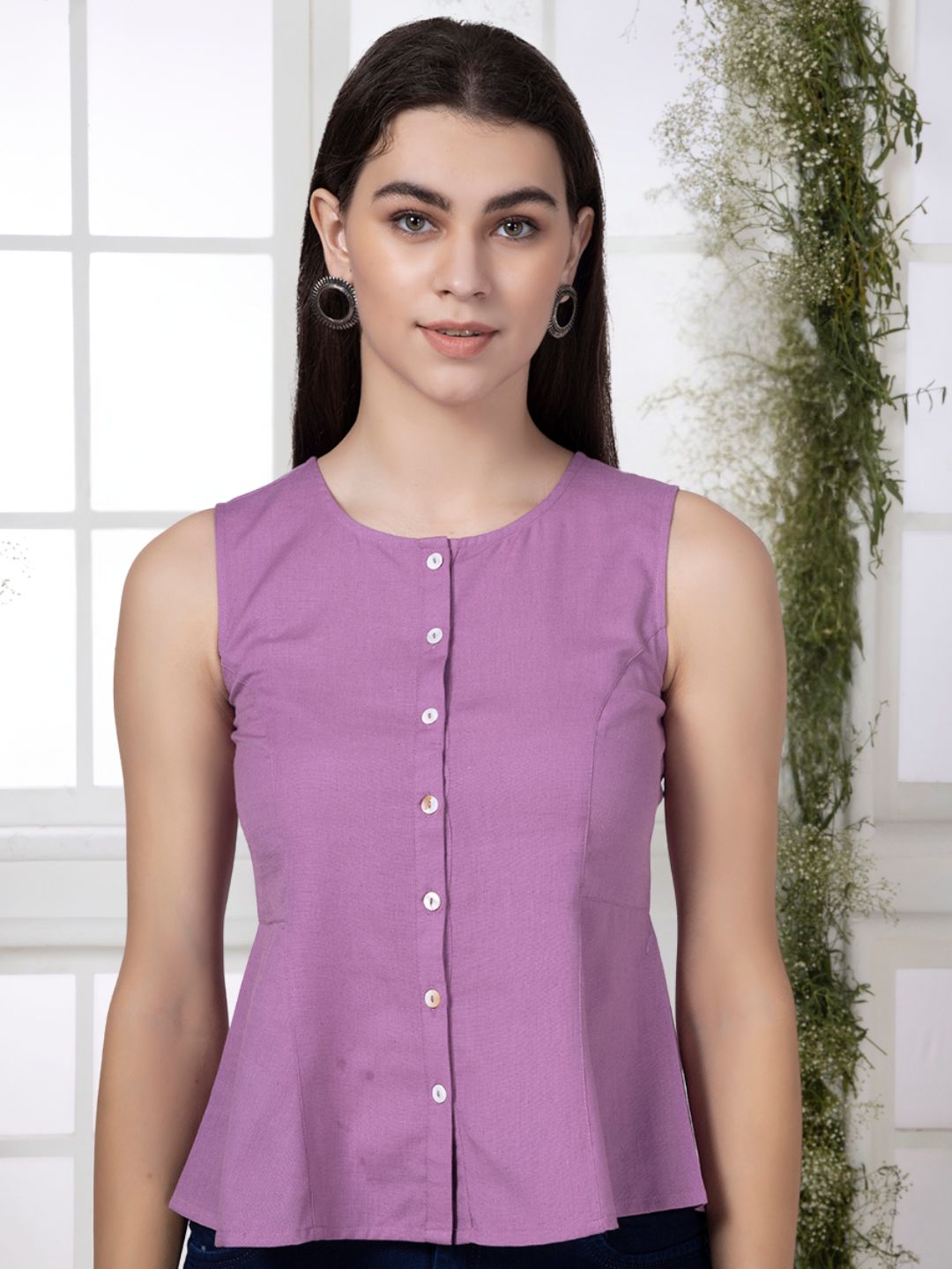 Mauve Cotton Flax Panelled A-Line Top with Button-Down Placket
