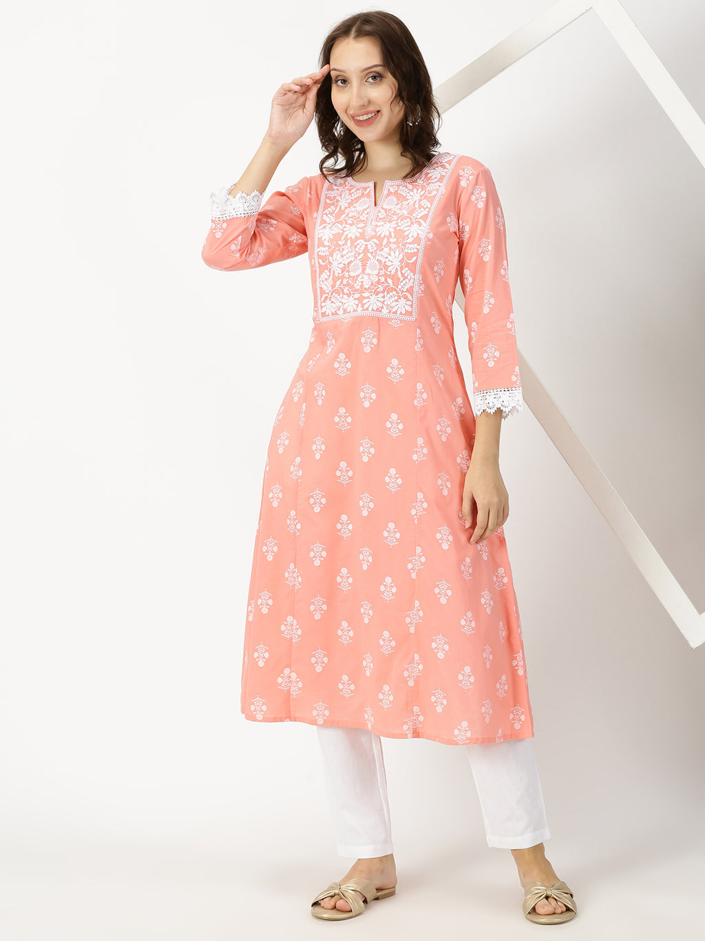 Peach Floral Print Kurta with Chikankari Embroidery