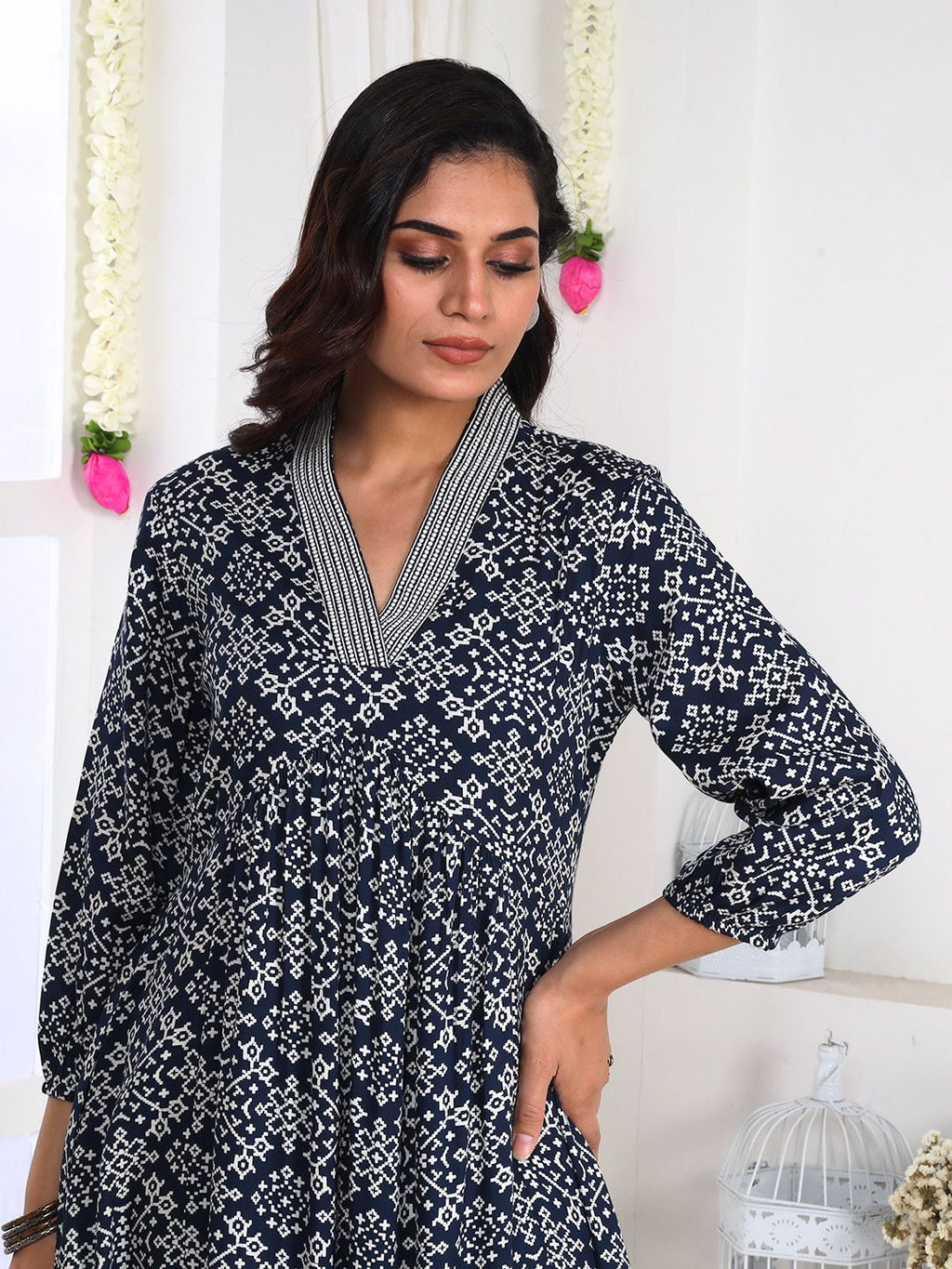Navy Blue Printed A-Line Dress with Embroidery and Pockets