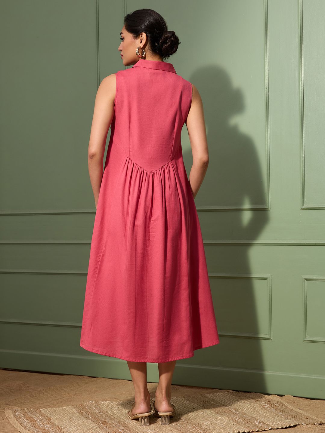 Coral Sleeveless Cotton Linen Dress with Collar & Lace Panel
