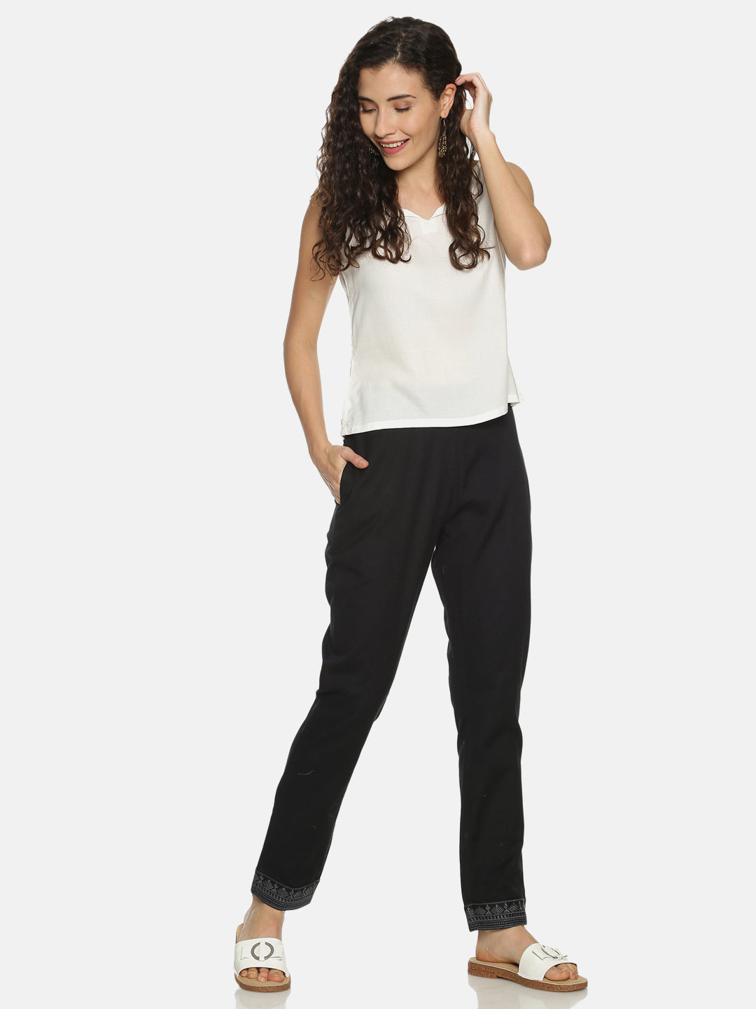 Black Cotton Linen Regular Fit Trousers