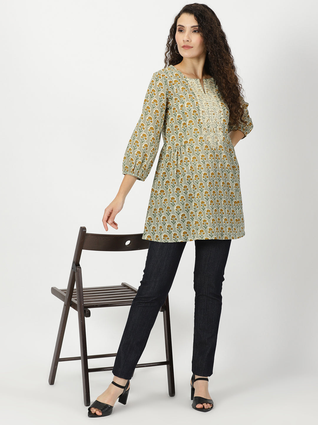 Green Floral Print A-line Tunic with Embroidered Yoke
