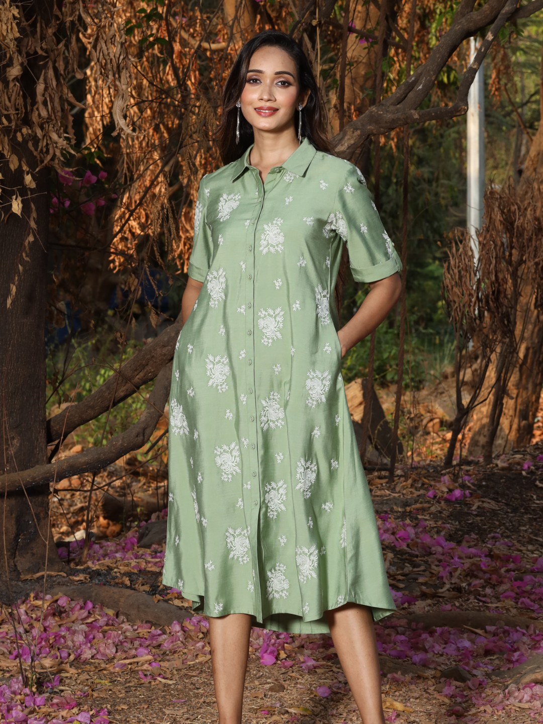 Green Floral Whirl Embroidered Button-Down Dress