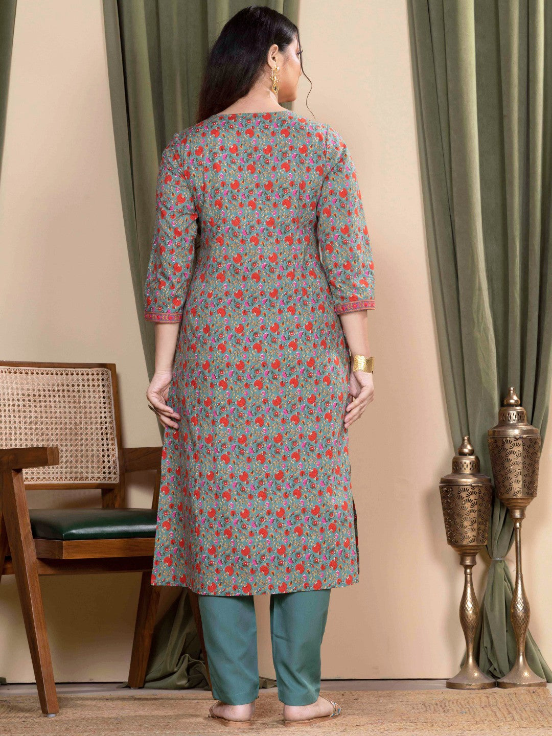 Mint Green Sanganeri Printed Kurta with Embroidered Yoke