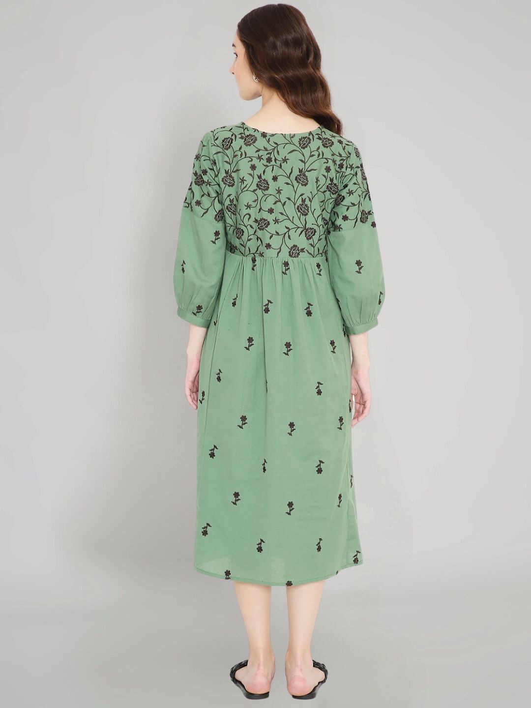 Green Boho Embroidered Cotton Midi Dress