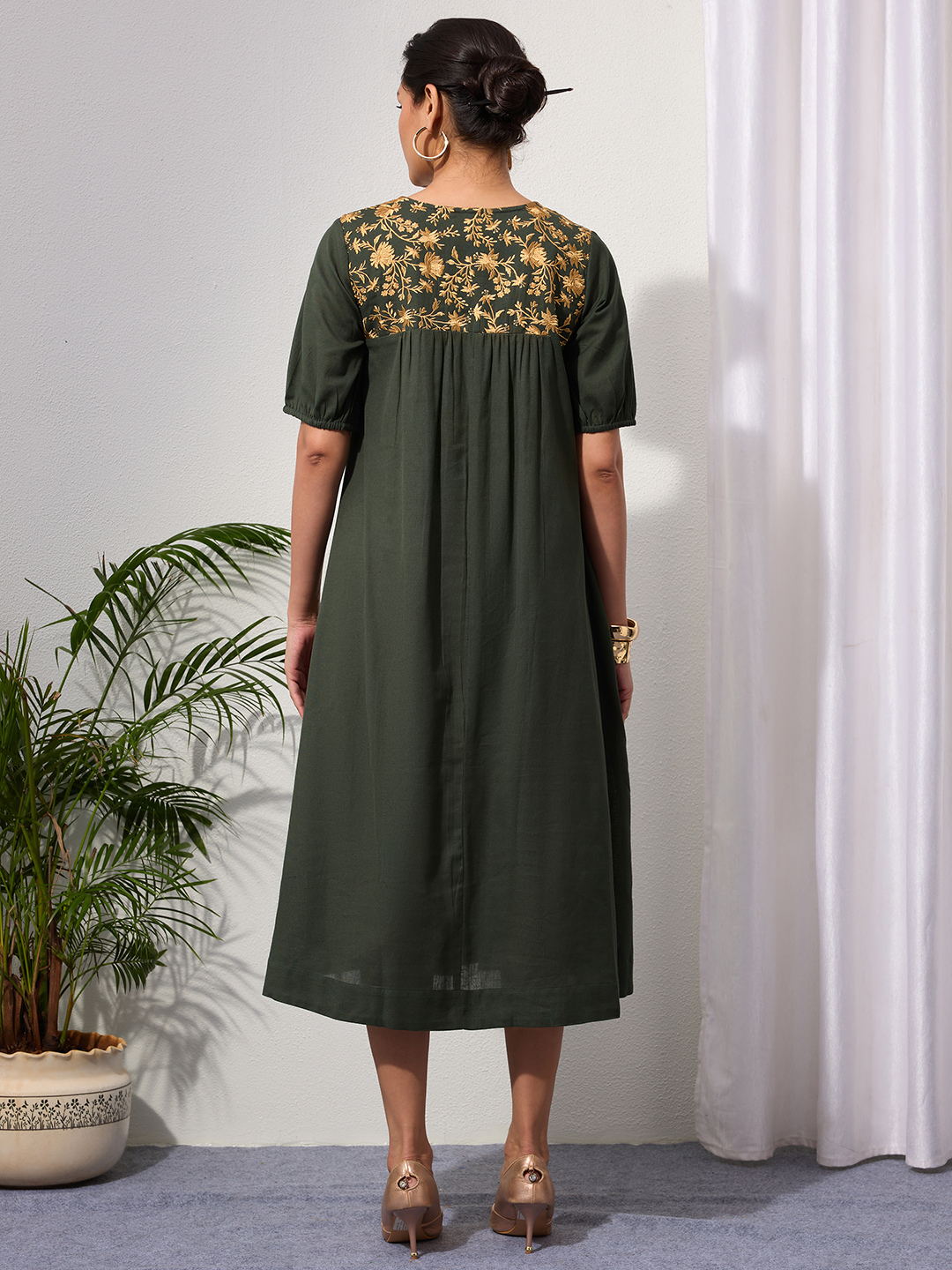 Forest Green Cotton Linen Dress A-Line with Parsi Gara Inspired Embroidery