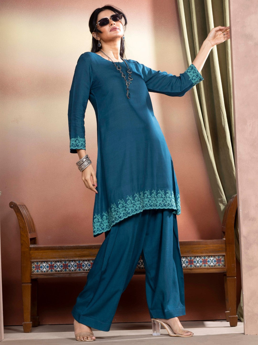 Transformative Teal Embroidered A-Line Kurta with Farshi Salwar