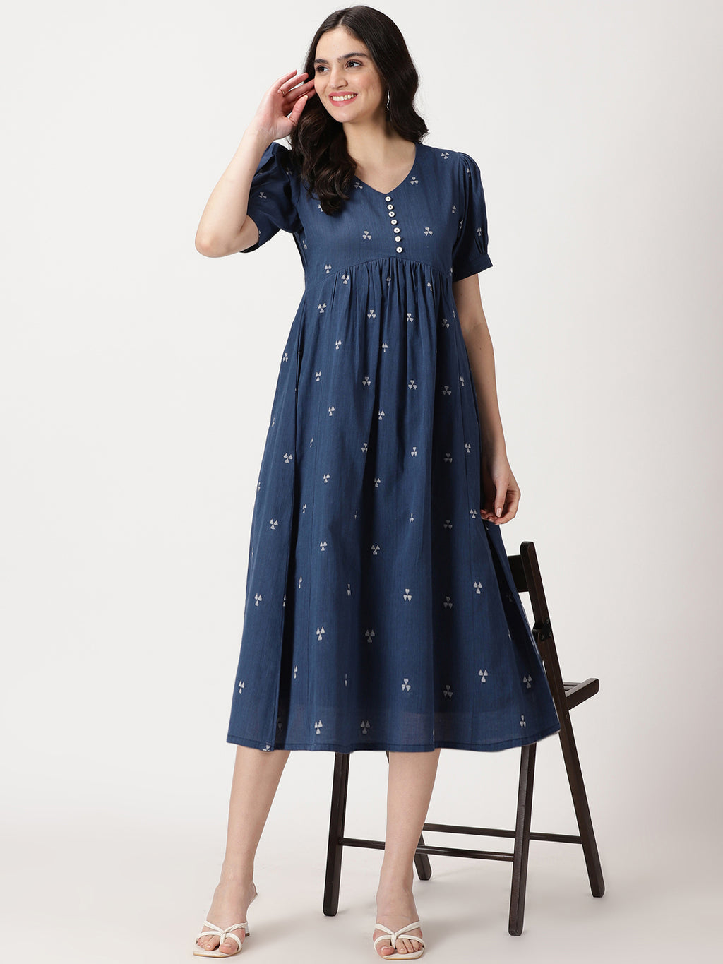 Navy Blue Woven Design Cotton Midi Dress