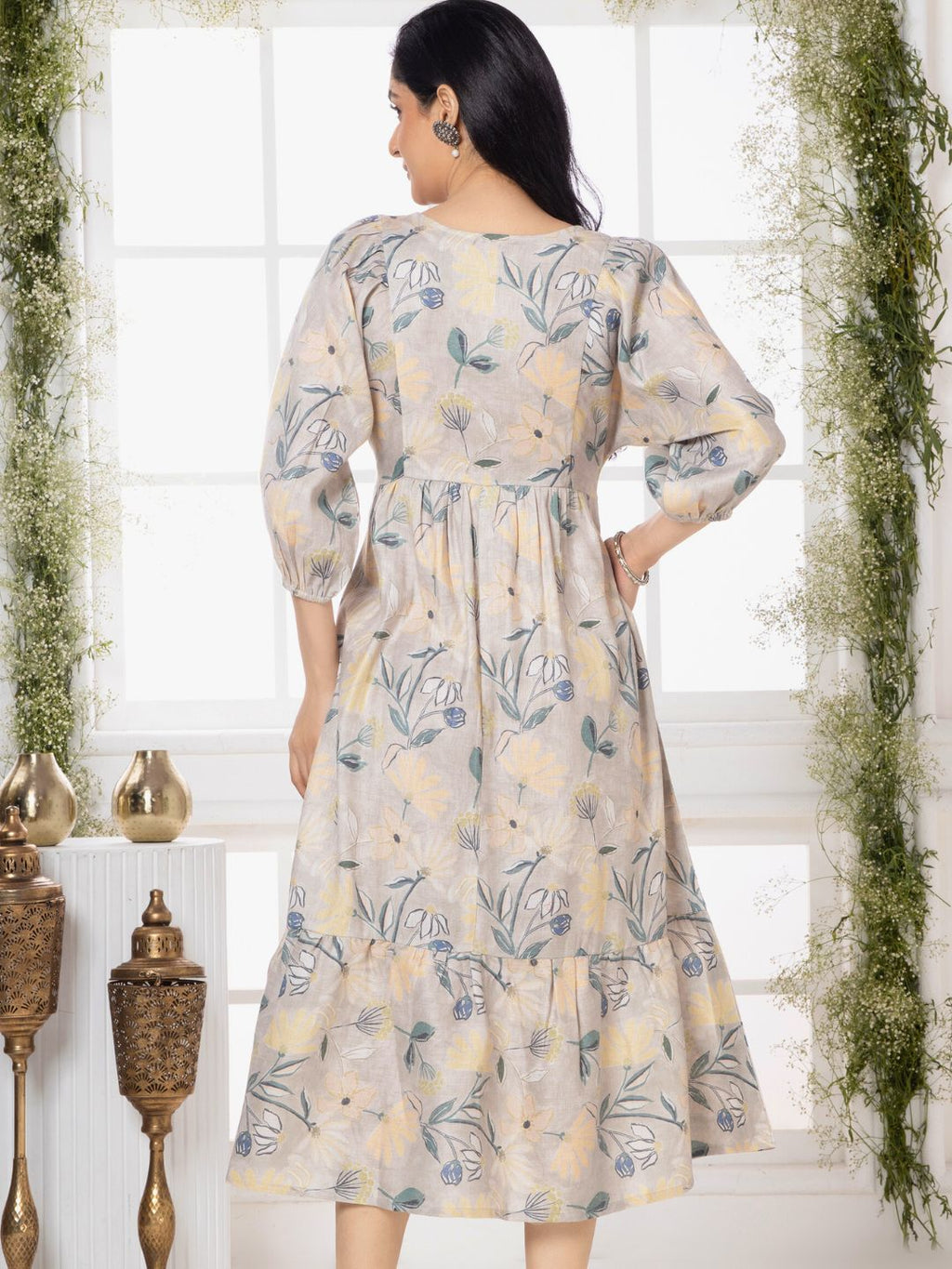 Sand Grey Florette Leaf Midi Dress