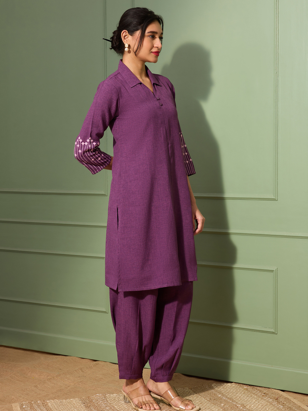 Aubergine Purple  Embroidered Kurta Set with Pleated Pants for Women | Saffron Threads