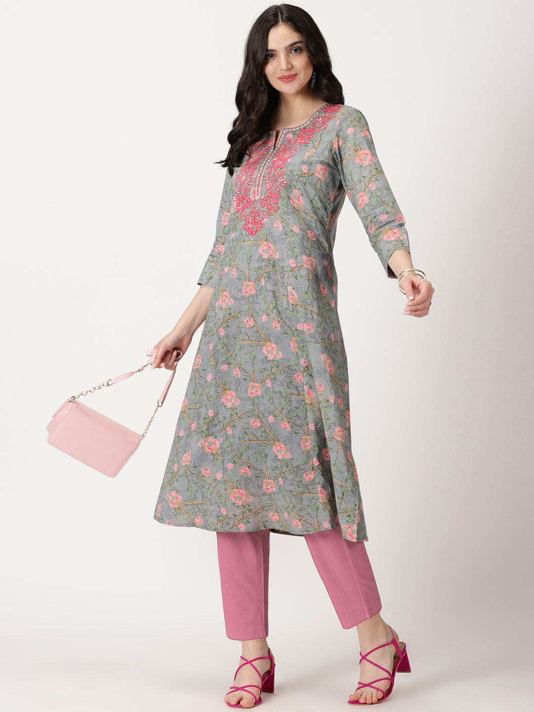 Grey Floral Print A-line Kurta with Embroidered Neck