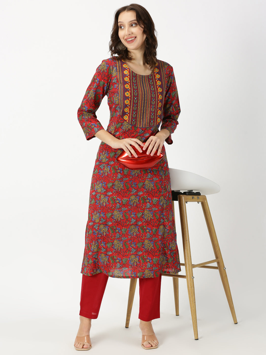 Red Floral Print Cotton Kurta with Yoke Embroidery