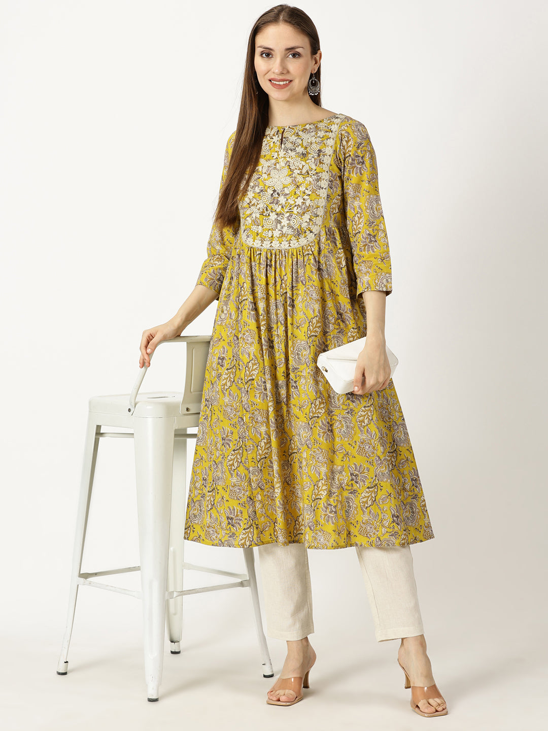 Mustard Printed Cotton Kurta with Neck Embroidery