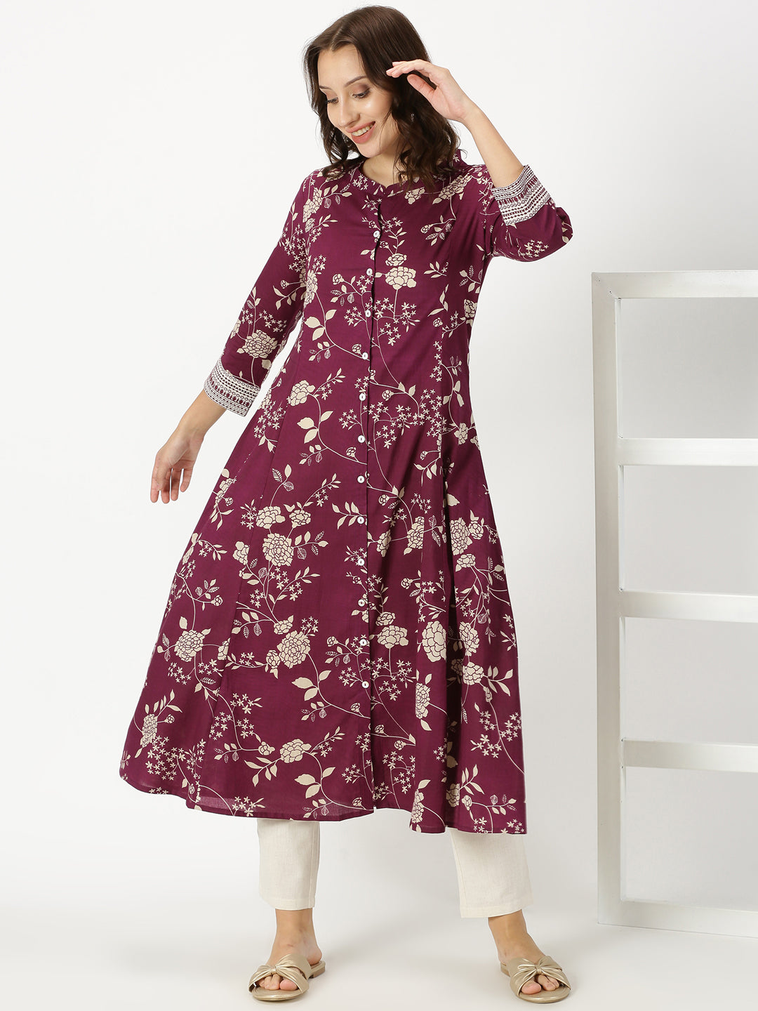Wine Floral Button-Down Kurta with Embroidery Border