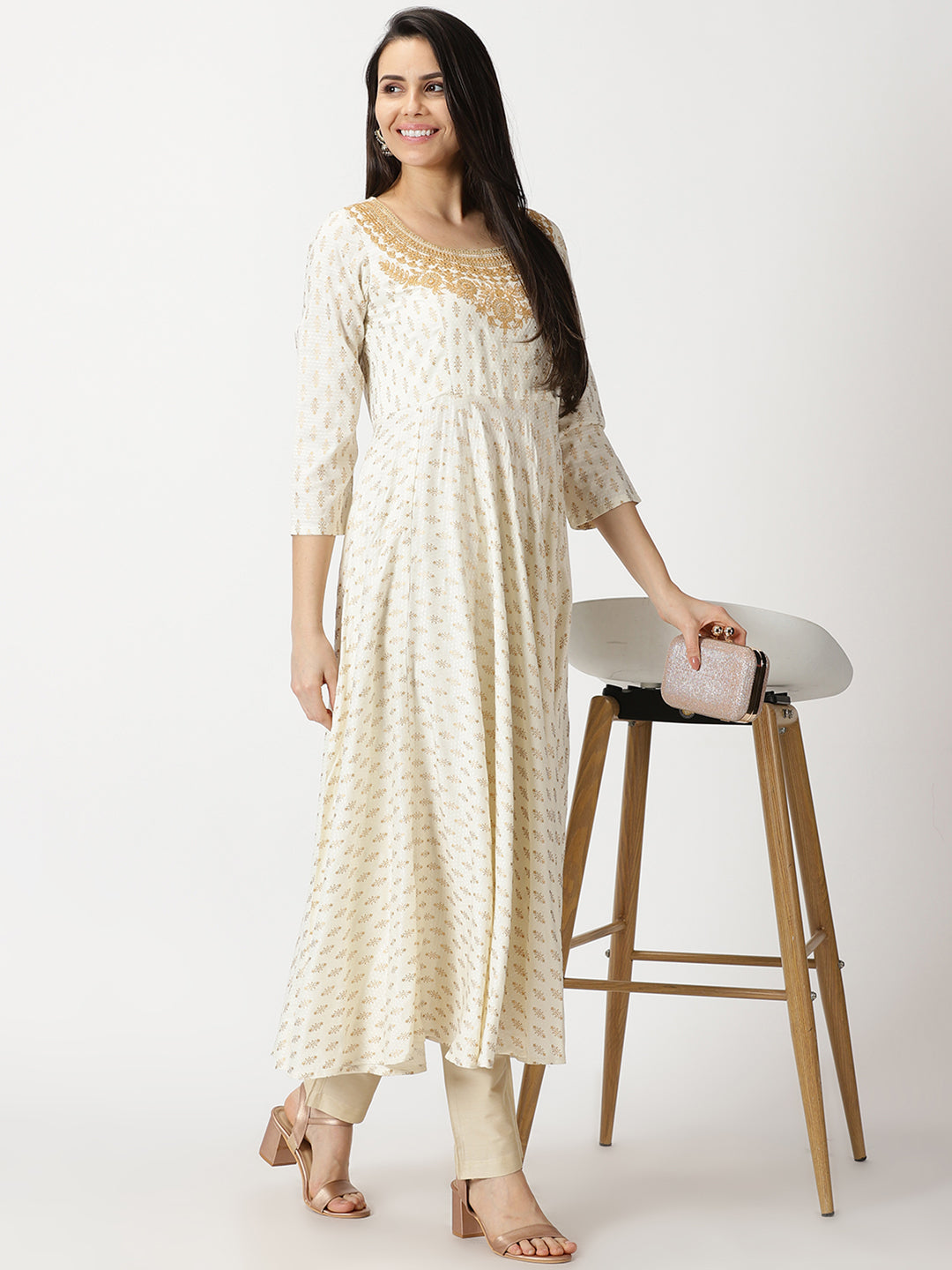 Off White Dobby Gold Printed Anarkali Kurta with Embroidered Neck