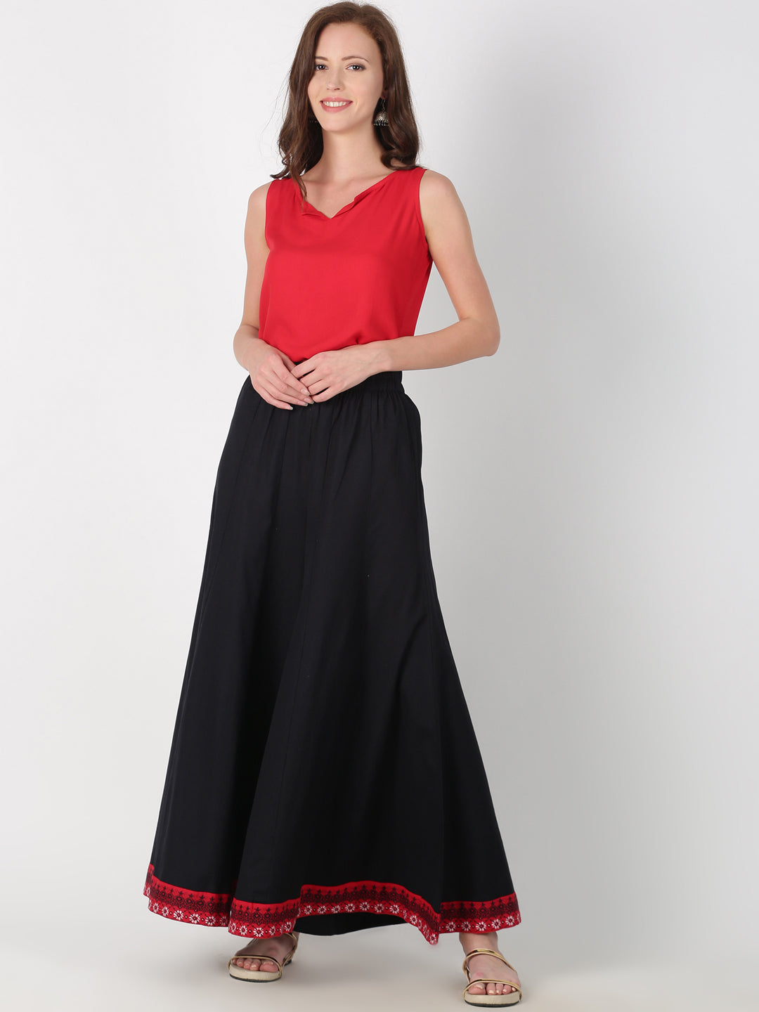 Black & Red Solid Flared Palazzo