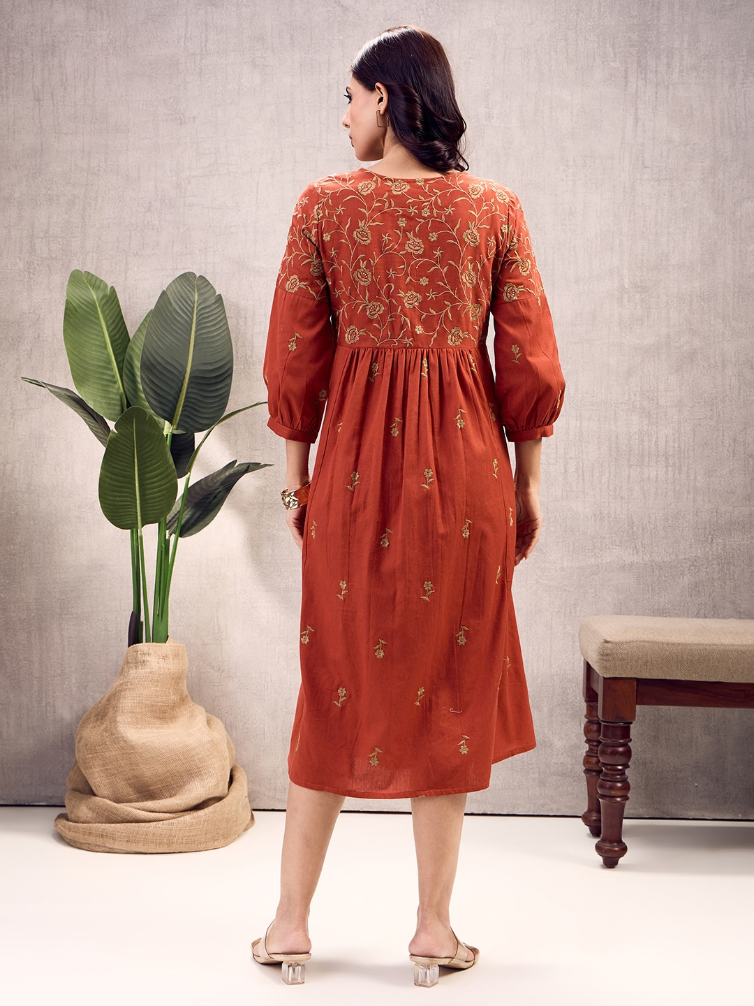 Burnt Orange Boho Embroidered Dress