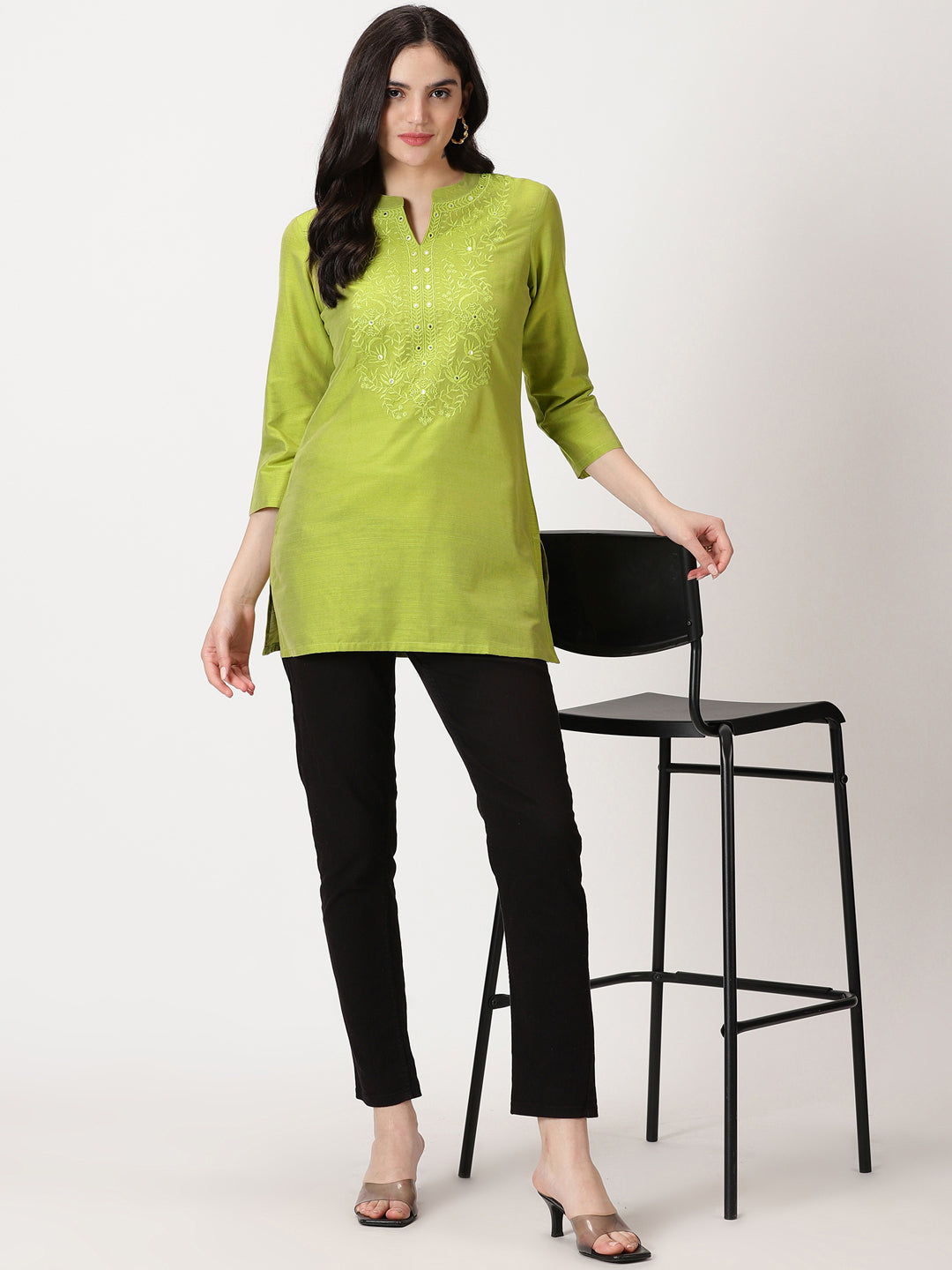 Green Art Raw Silk Tunic with Embroidered Neck