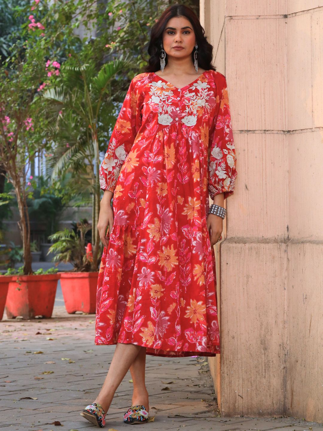 Red Floral Print Cotton Dress with Neck Embroidery