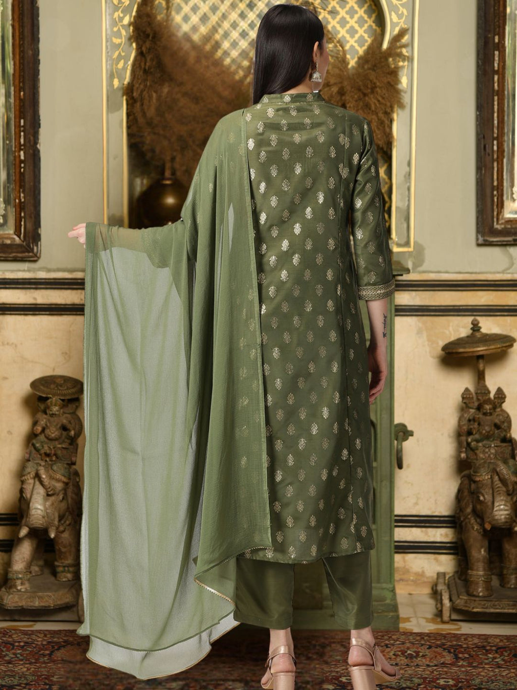 Olive Green Ethnic Motifs Gold Printed Kurta with Trousers & Dupatta