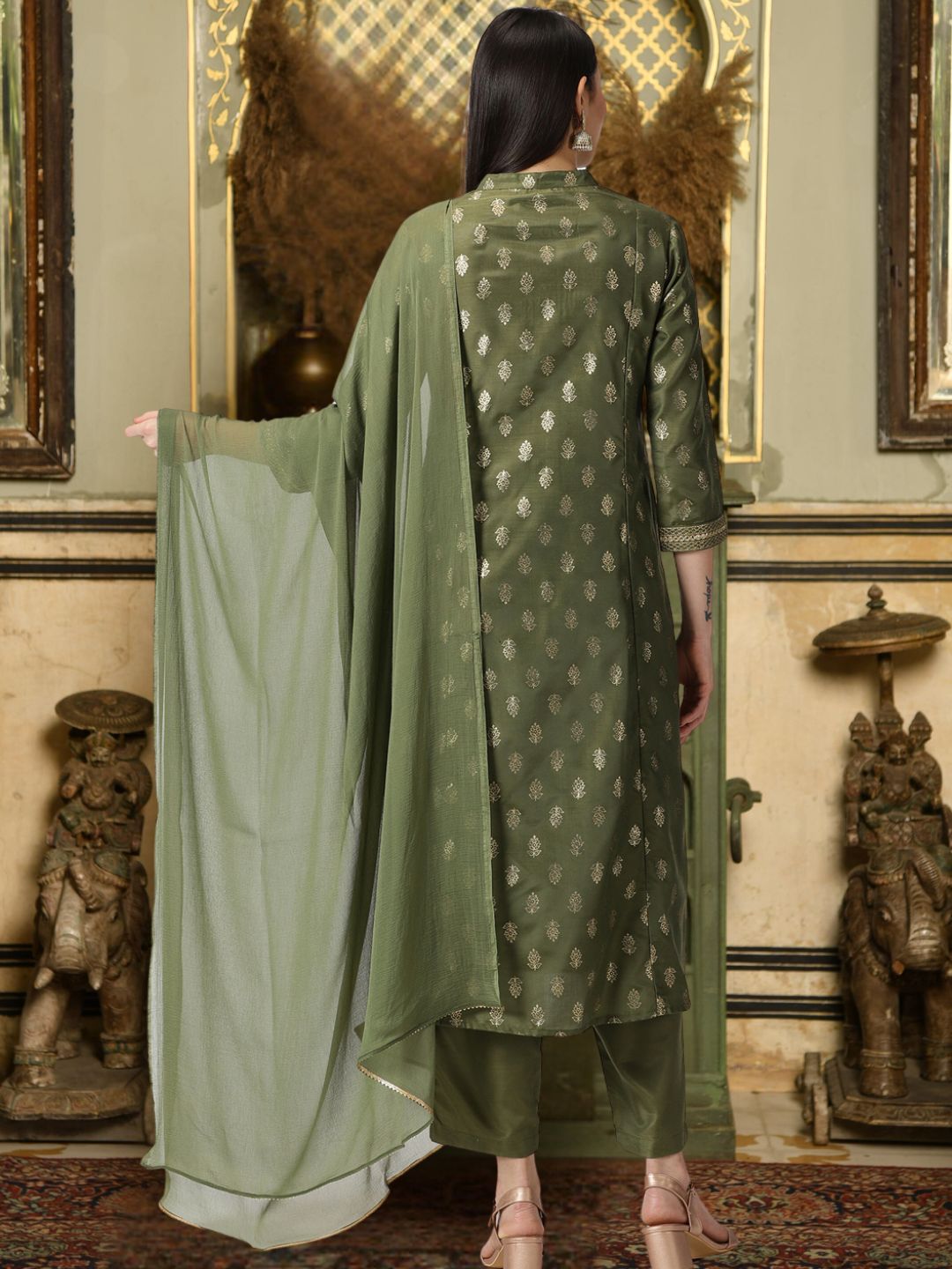 Olive Green Ethnic Motifs Gold Printed Kurta with Trousers & Dupatta