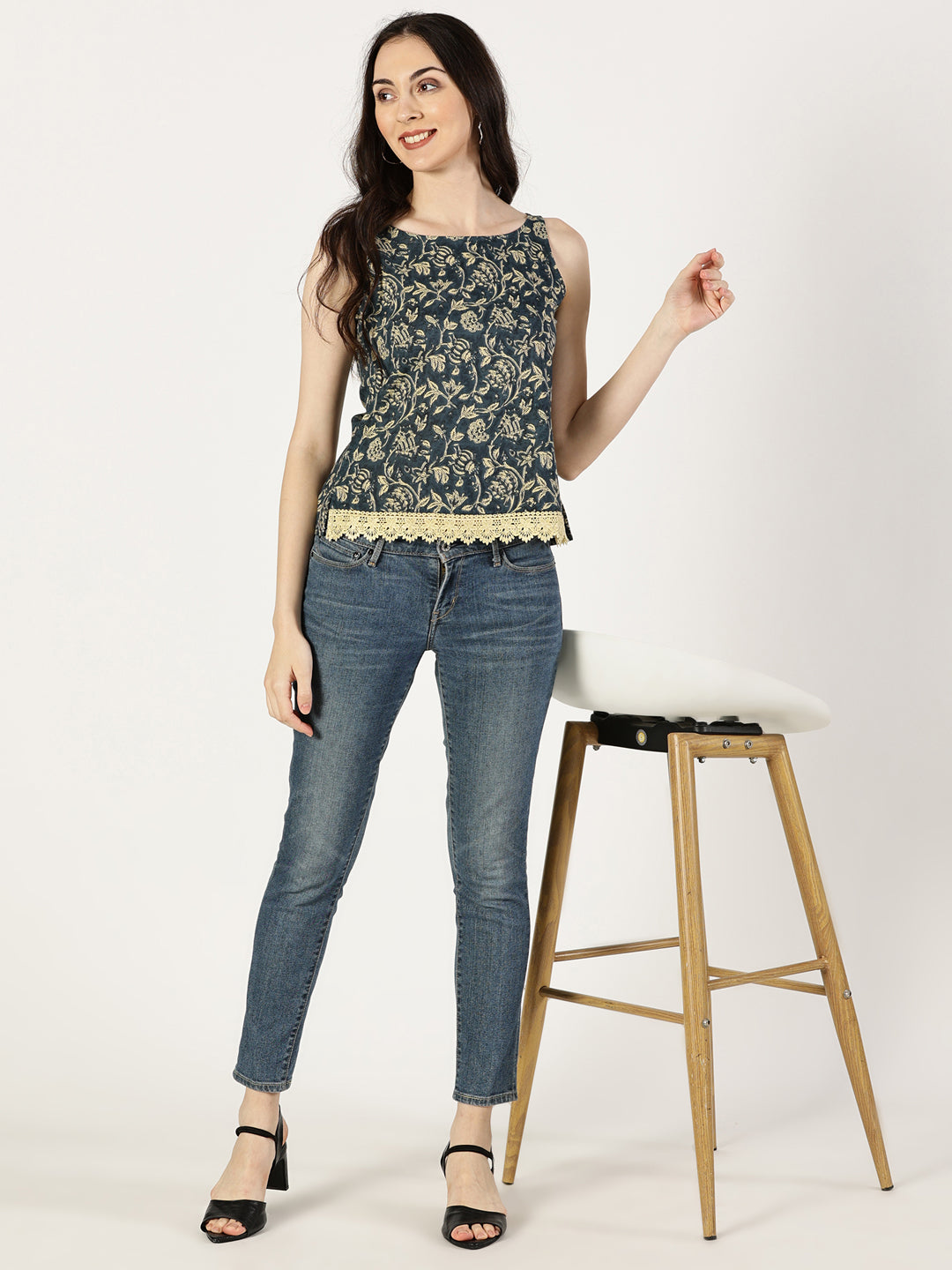 Blue Ethnic Floral Print Top with Lace Inserts