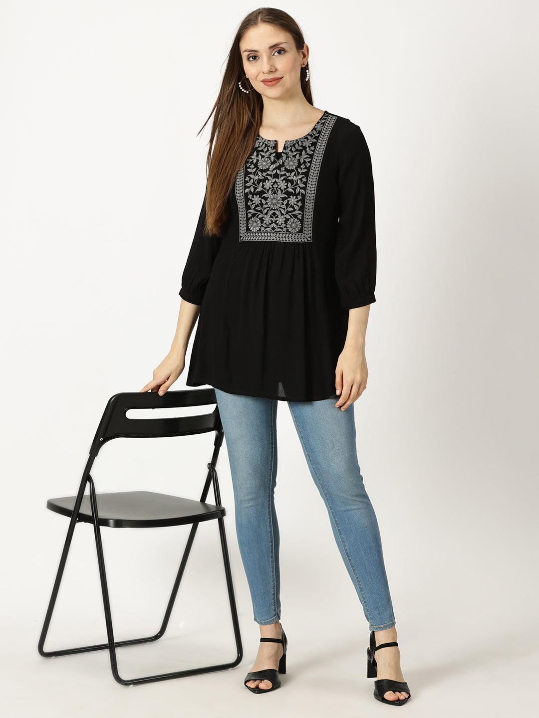 Black Floral Print Cotton Tunic with Lucknowi Chikankari Yoke