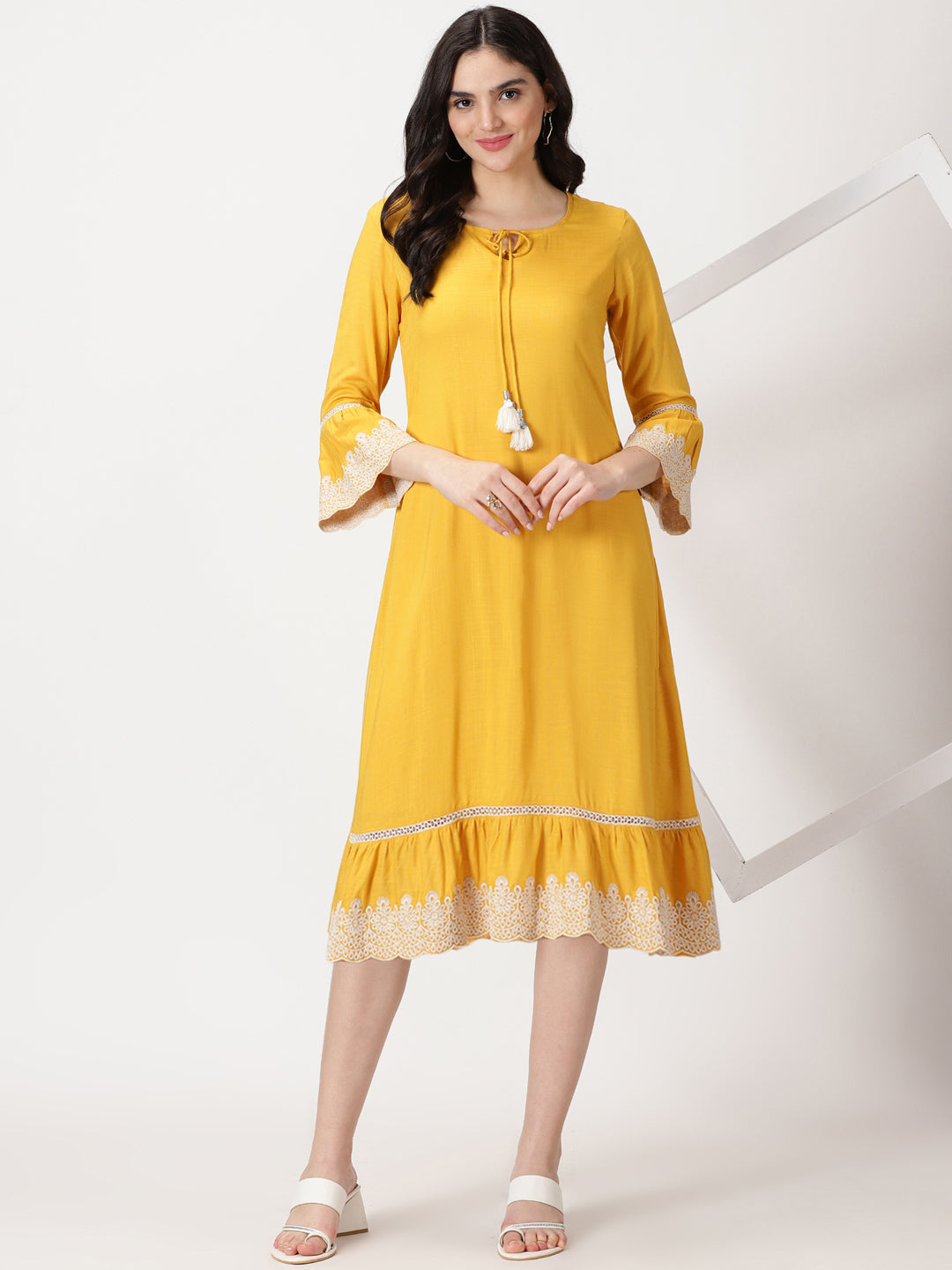 Yellow Rayon Slub Midi Dress with Lace Embroidered Details