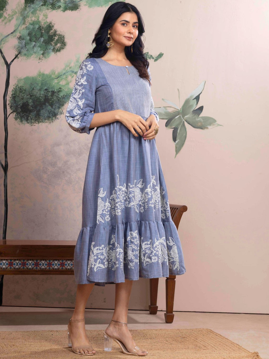Shadow Blue Chambray Floral Embroidered Tiered Dress