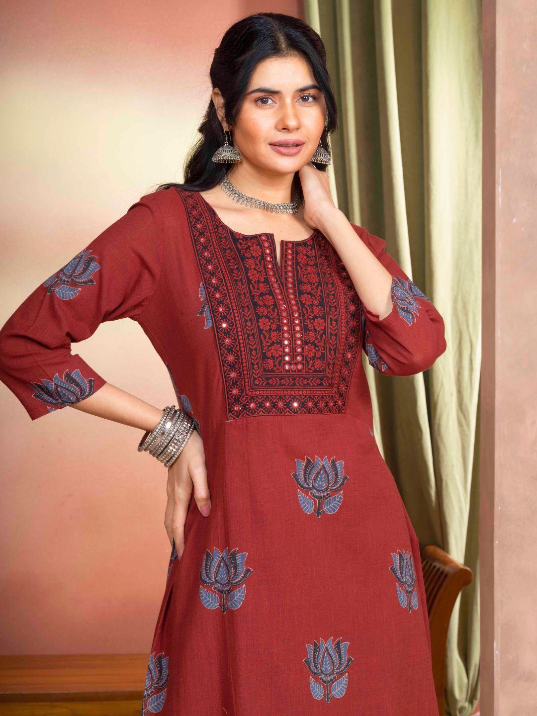 Rust Cotton Motif Print Straight Kurta with Embroidered Neckline