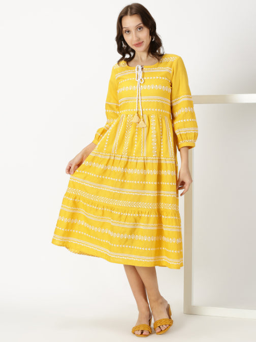 Yellow Embroidered Tiered Boho Midi Dress
