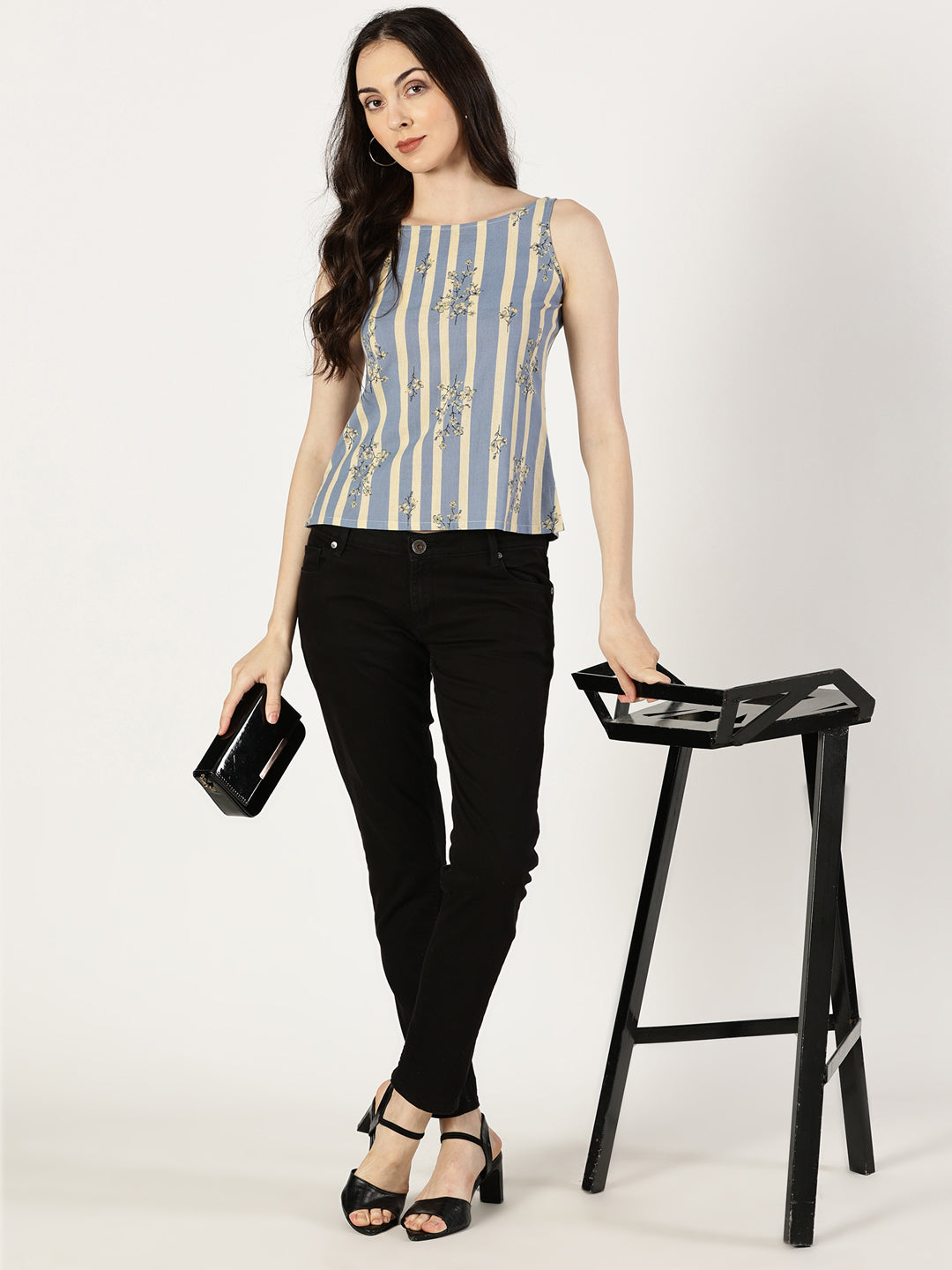 Blue Striped Top with Floral Print