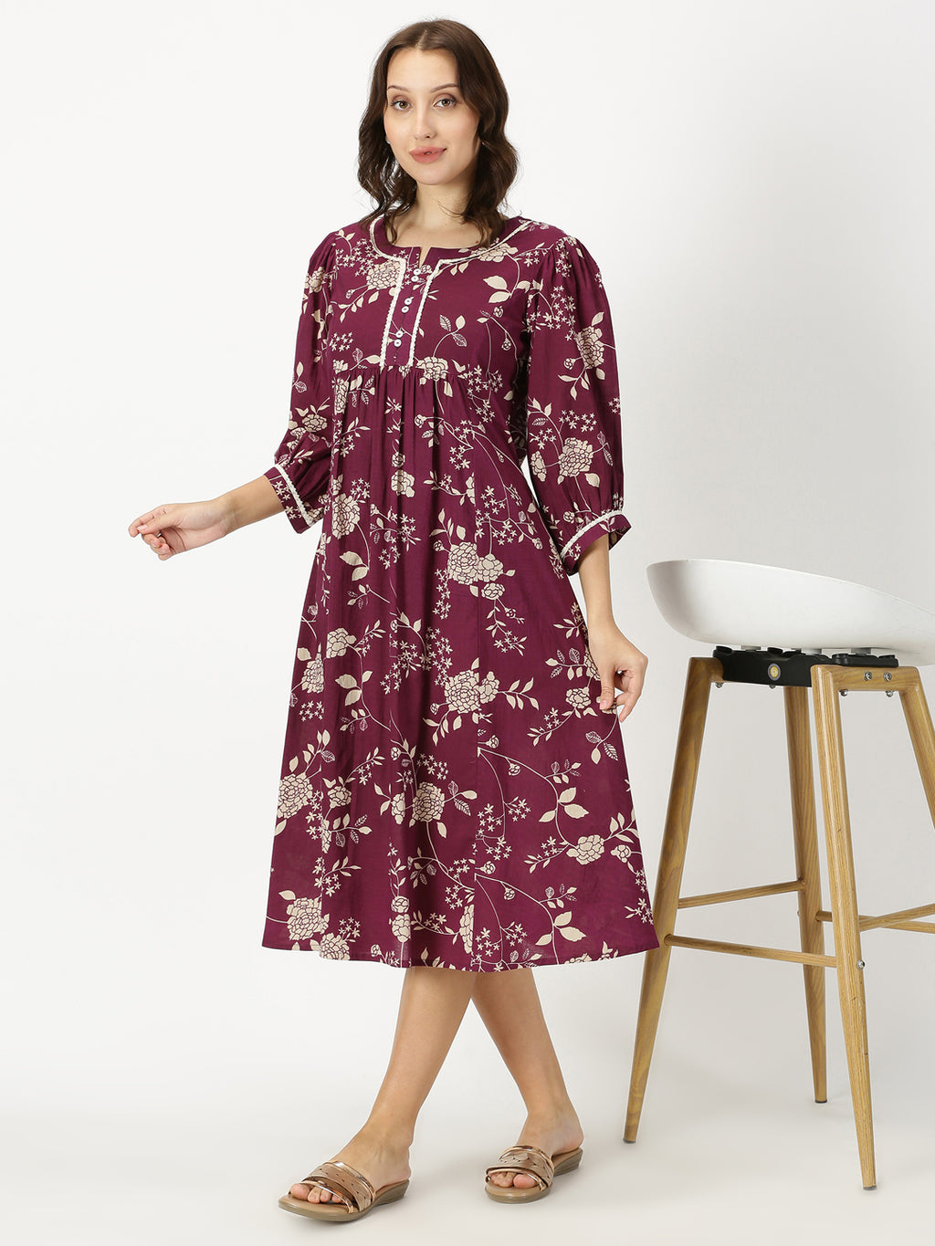 Wine Floral Print Midi Dress