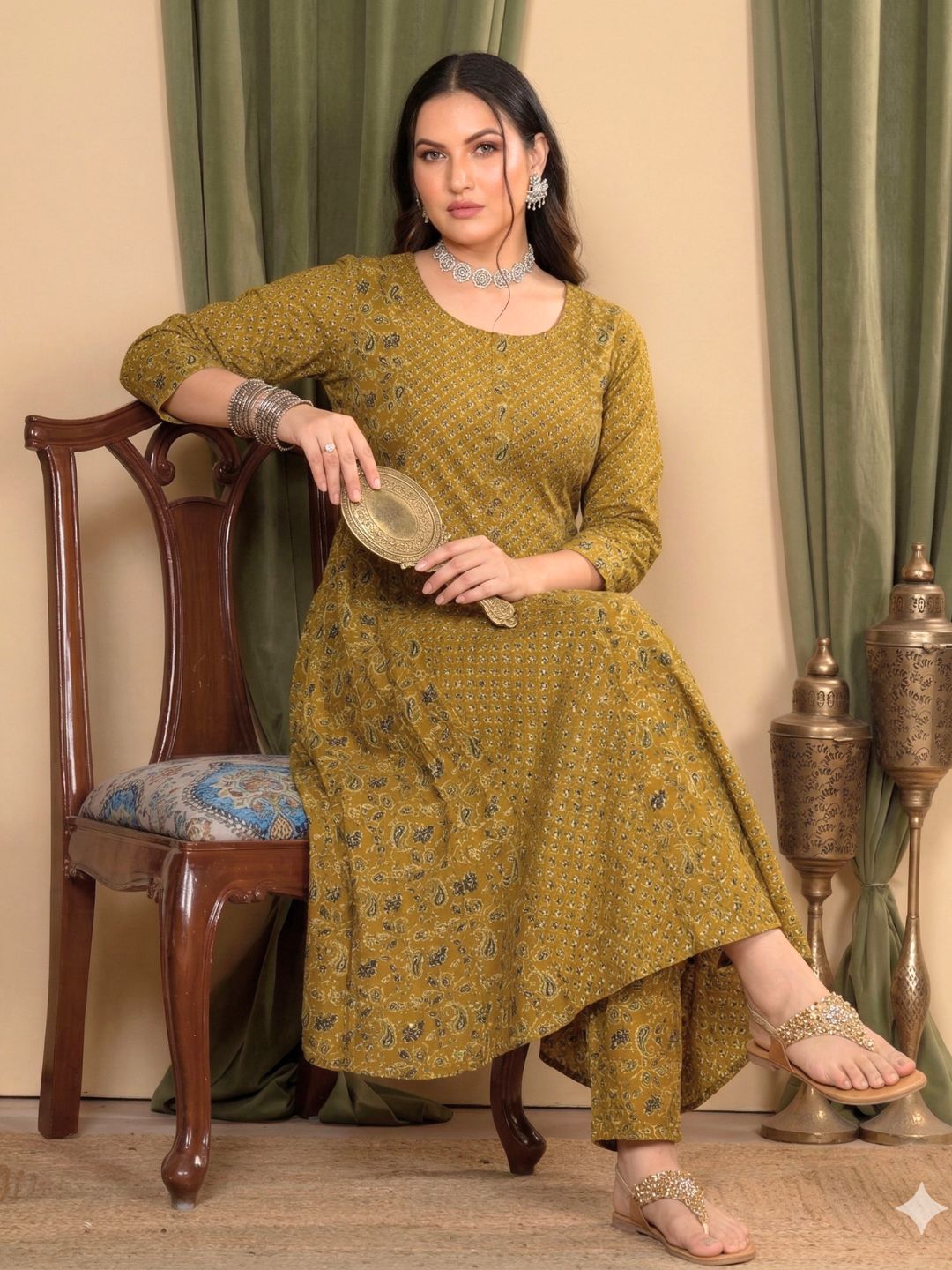 Mustard Printed A-Line Cotton Kurta