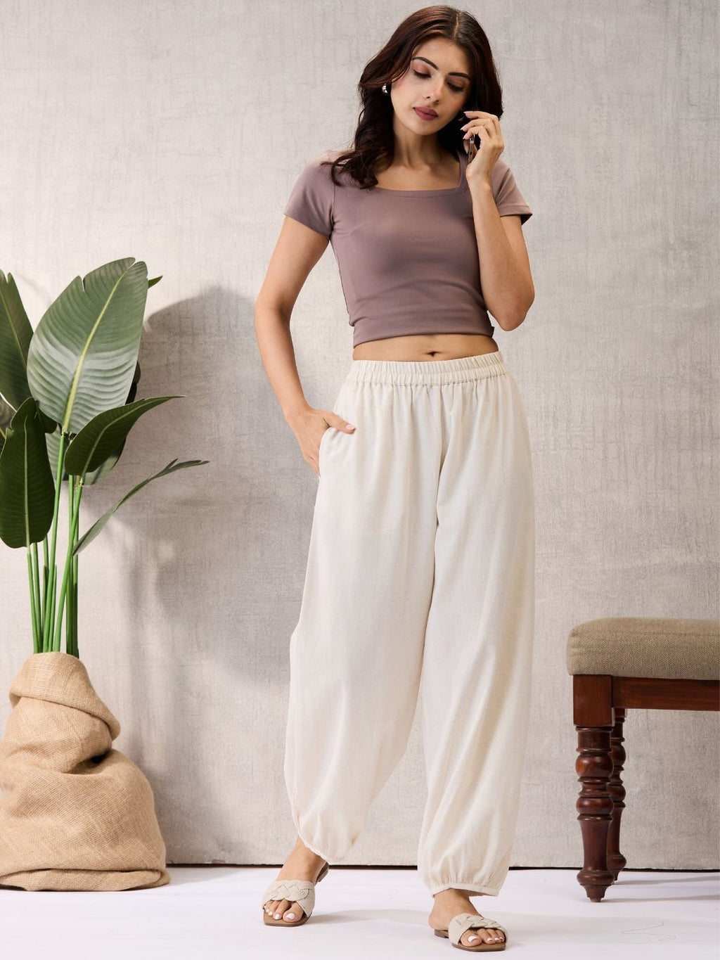 Off White Cotton Linen Piping Hem Palazzo with Pocket