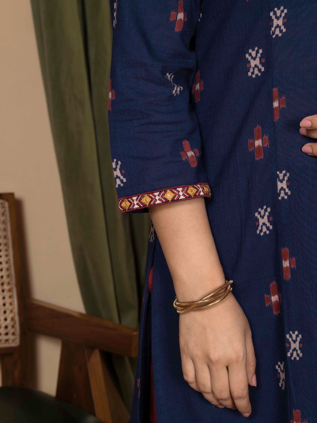 Regal Navy Blue Ikat Print Cotton Kurta with Embroidery